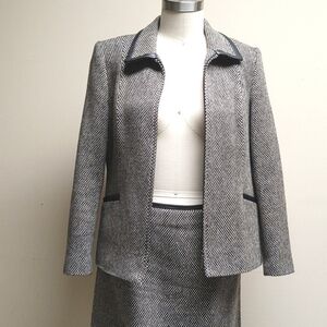 Talbots Black & Ivory Checkered Skirt & Jacket w Leather Trim 6P